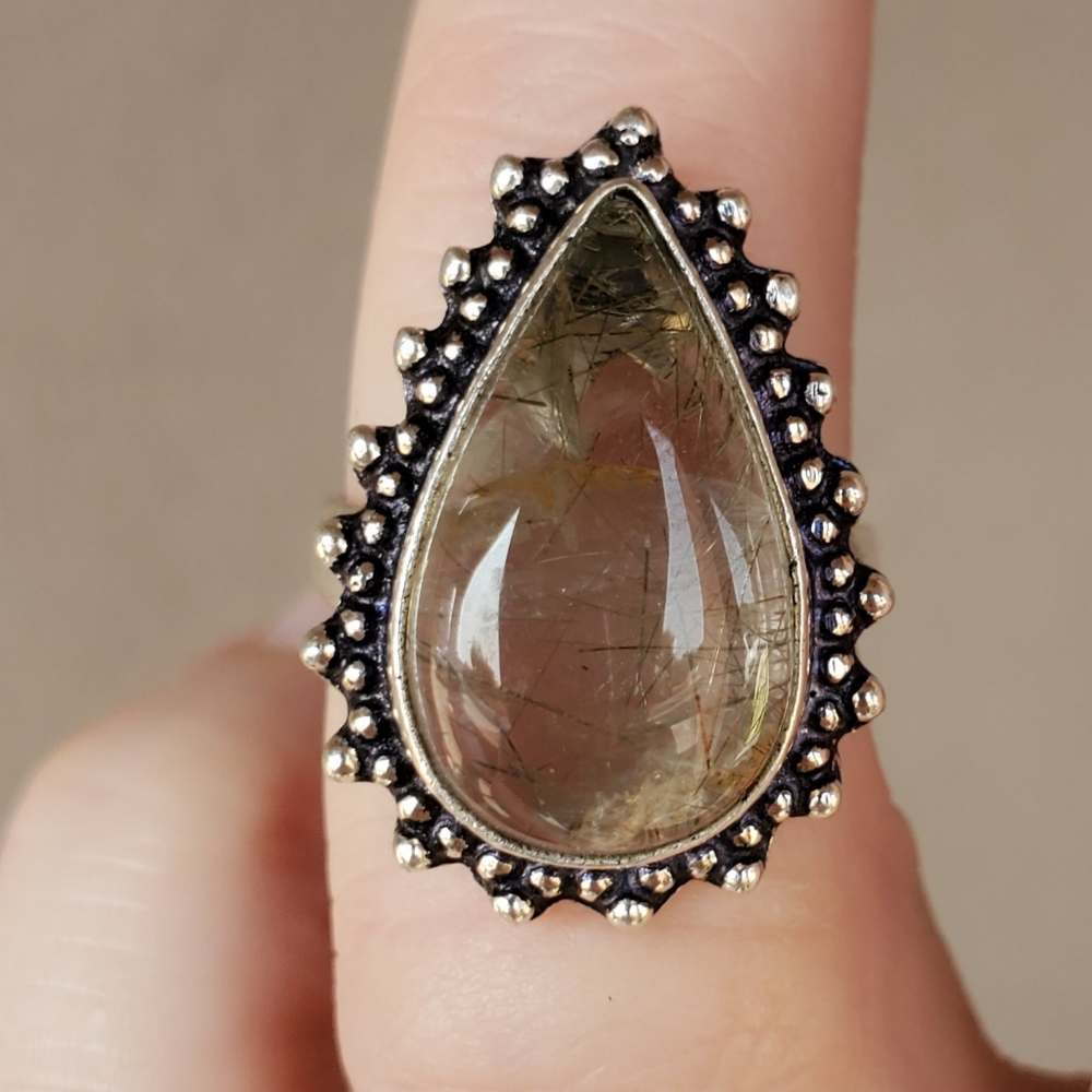 New Golden Rutilated Quartz 925 Silver Ring.